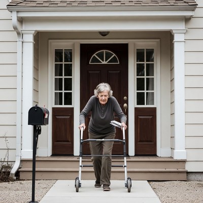 Elderly woman using walker at house entrance
