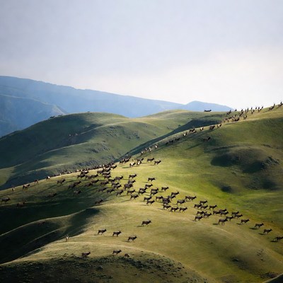 Herd of Elk on Green Hills
