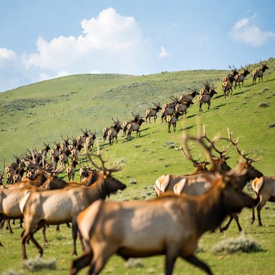 Herd of Elk on Green Hillside