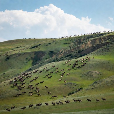 Herd of Elk on Grassy Hillside