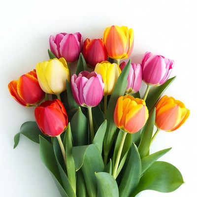 Colorful Tulips Bouquet on White Background