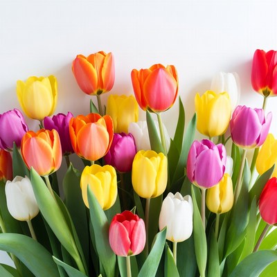 Colorful Tulips Bouquet Against White Background