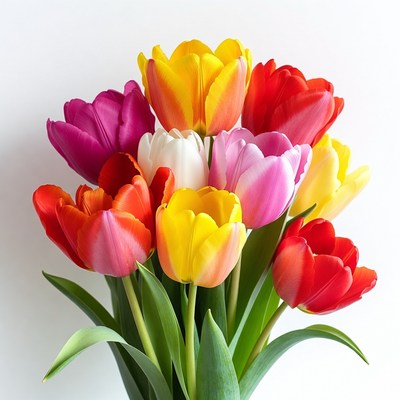 Colorful Tulips Bouquet on White Background