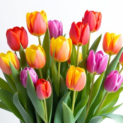 Colorful Tulips Bouquet on White Background