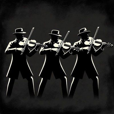 Three silhouetted men playing violins