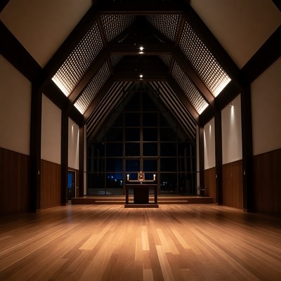 Empty Wooden Chapel Interior at Night
