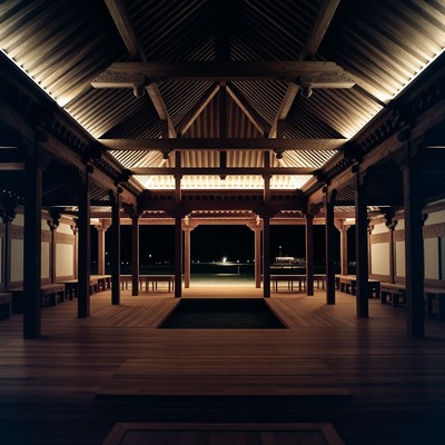 Traditional Japanese Pavilion at Night