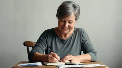 Elderly woman writing at desk