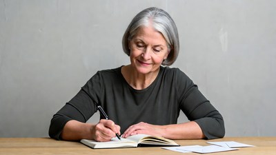 Elderly woman writing in notebook