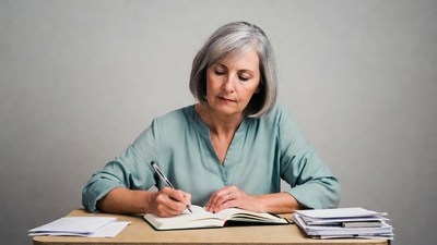 Elderly woman writing in notebook