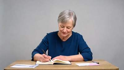 Elderly woman writing in notebook