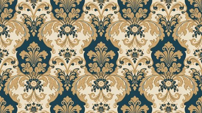 Navy Gold Damask Wallpaper Pattern