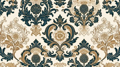 Navy Gold Baroque Floral Pattern