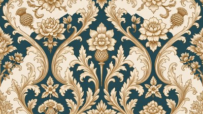 Gold Thistle Floral Damask Wallpaper