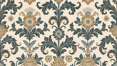 Gold Navy Floral Baroque Pattern