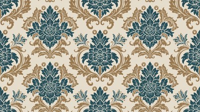 Navy Blue Damask Pattern on Beige