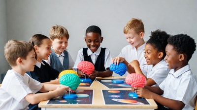 Children examining colorful brain models
