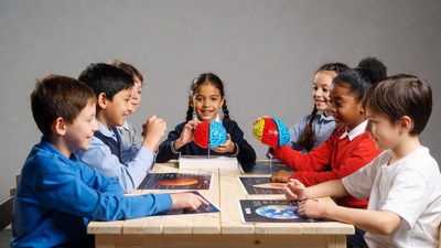 Children examining colorful brain models