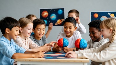 Diverse children playing atom model game