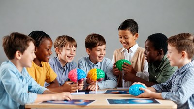 Diverse children examining colorful brain models
