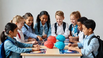 Diverse children studying brain models