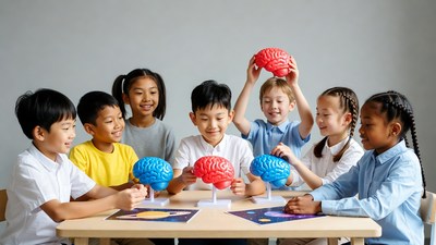 Asian children examining brain models