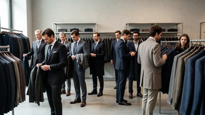Men browsing suits in clothing store