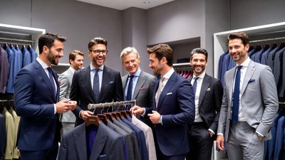 Group of men examining suits in store