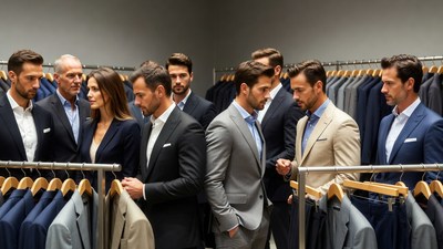 Group examining suits in clothing store