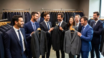 Group examining suits in clothing store