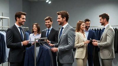Group examining suits in clothing store