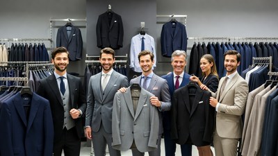 Group of men holding suits in store