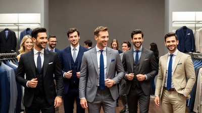 Group of men in suits in clothing store