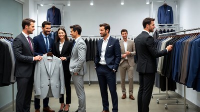 Group browsing suits in clothing store