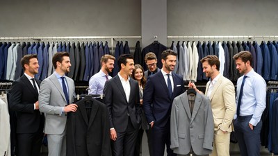 Group of men and woman shopping suits