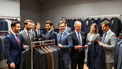Group of men and woman browsing suits in store