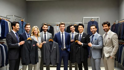 Business team holding suits in store