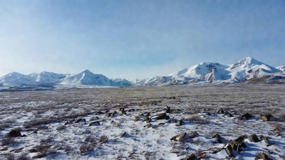 Snowy Mountains Over Tundra Plain