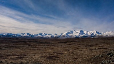 Snowy Mountains in Vast Brown Plain