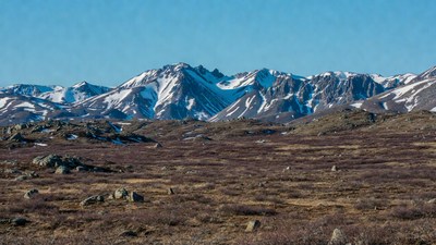 Snowy Mountains in Tundra Landscape