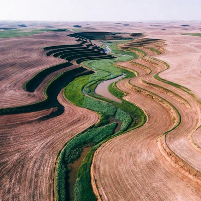 Aerial view of winding river in farmland