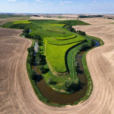 Aerial view of green crop fields and river