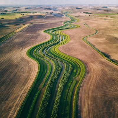 Winding River Through Farmlands Aerial View