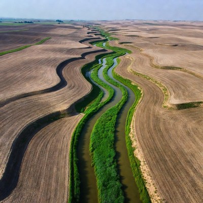 Aerial view of winding river in farmland