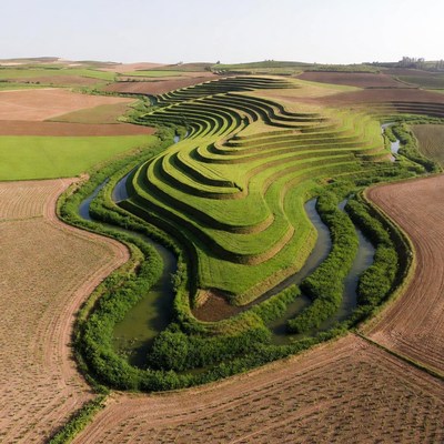 Spiral Terraced Rice Fields Aerial View