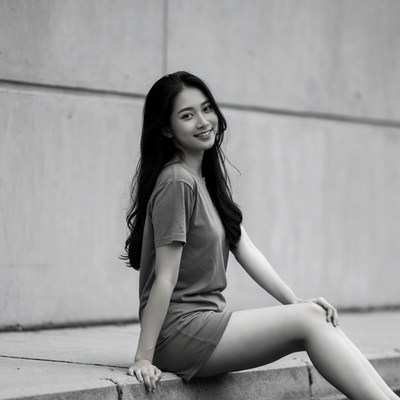 Asian woman sitting on concrete ledge