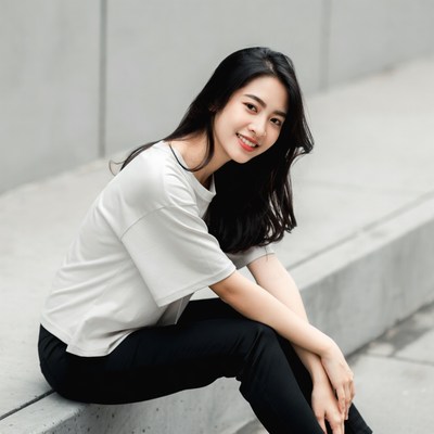 Asian woman sitting on concrete steps