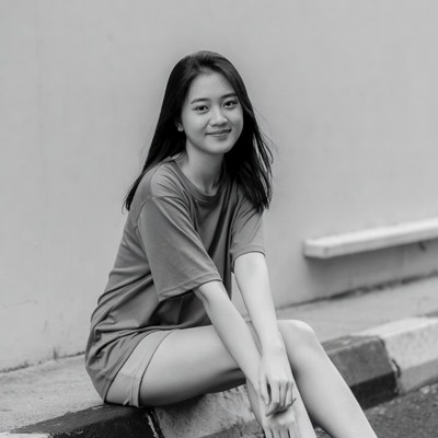 Asian girl sitting on curb smiling