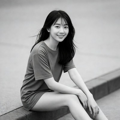 Asian girl smiling on concrete ledge