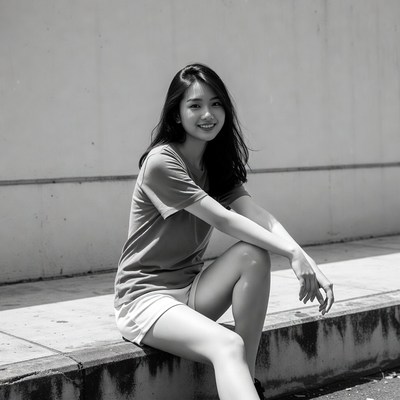 Asian woman sitting on concrete ledge